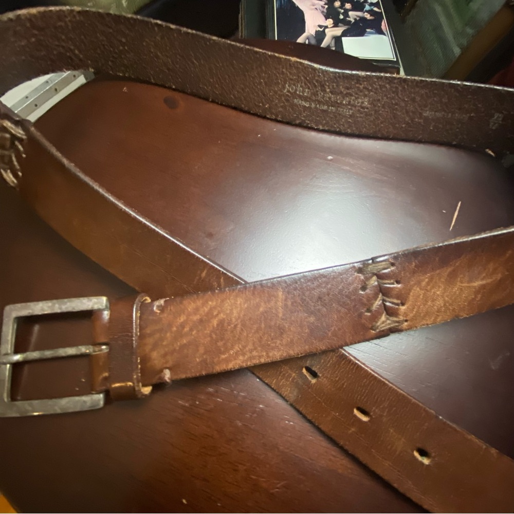 JOHN VARVATOS Brown Leather Belt with large unique stitching  36